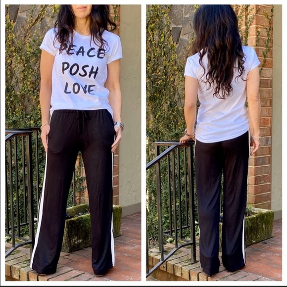 Black wide leg white side striped pants w/pockets - Picture 4 of 6